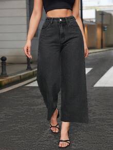 SHEIN ICON 冬季加大码女式高腰阔腿个性时尚七分牛仔裤 - 深灰色 - 查看 3