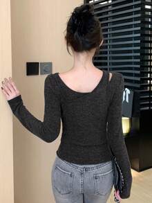 DAZY 女士纯色极简系带长袖T恤，日常穿着 - 黑色 - 查看 2