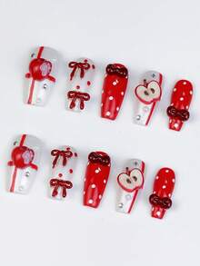 ROMWE Anime 10 piezas de pegatinas de arte de uñas con corazones, estrellas, lazos y alas en estilo Y2K con cinta - Rojo - Ver 3