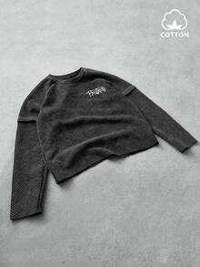 PAVTROS Manfinity Streetrush 男士街头风流行 INS 同款。男士街头服饰，做旧水洗纹理面料 T 恤，带有品牌标志，适合街头风格、音乐节、夜店等场合，也是送给男友/老公、周年纪念日的理想礼物。纯棉材质，印花 T 恤，街头风，男友礼物，长袖上衣 - 黑色 - 查看 3