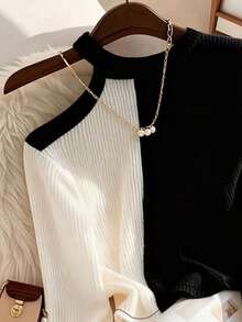 Franclia 女士撞色不对称肩部长袖T恤，罗纹针织上衣，春秋季