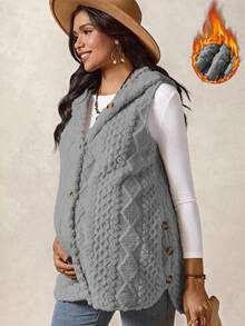Boho Mama Pregnant Women's Geometric Textured Button Design Fluffy Hooded Cardigan, Autumn/Winter - Light Grey - View 3
