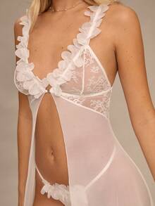 Enchnt 2 piezas Camisón largo de encaje y malla con contraste floral con tanga - Blanco - Ver 2