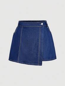 SHEIN MOD 大码女式牛仔夹克带口袋和牛仔裙休闲两件套 - 深色水洗藍 - 查看 5