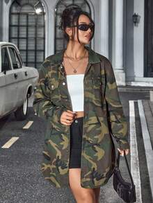 SHEIN Tall Women's Camouflage Print Long Sleeve Denim Jacket - Multicolor - View 2