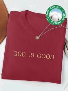 INAWLY 上帝是善良的刺绣简约基督教信仰舒适彩色衬衫，信仰衬衫，信仰T恤，教会团体衬衫，女士圆领刺绣T恤 - 玫瑰紅 - 查看 3