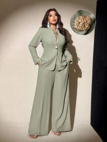 Viva Relle 大码女式优雅设计长袖夹克和直筒裤套装，春秋季