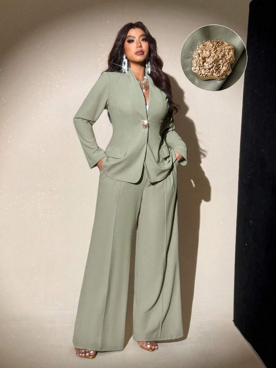 Viva Relle 大码女式优雅设计长袖夹克和直筒裤套装，春秋季