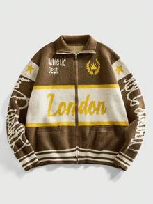 ROMWE MEN Prep Men's Stand Collar Letter Jacquard Zip-Up Cardigan, Winter - Khaki - View 3