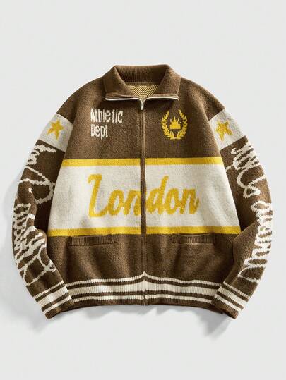 Men's Stand Collar Letter Jacquard Zip-Up Cardigan