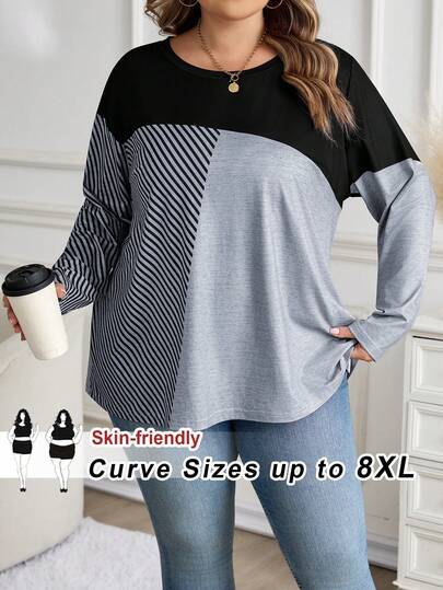 SHEIN CURVE+ Maglietta casual a maniche lunghe con collo rotondo, vestibilità morbida e ampia, adatta per l'autunno/inverno, taglie forti per donne