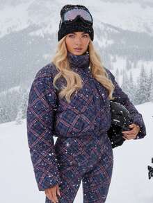 Athîral 女士菱形图案拉链高领长袖夹棉大衣 - 藏蓝色 - 查看 1