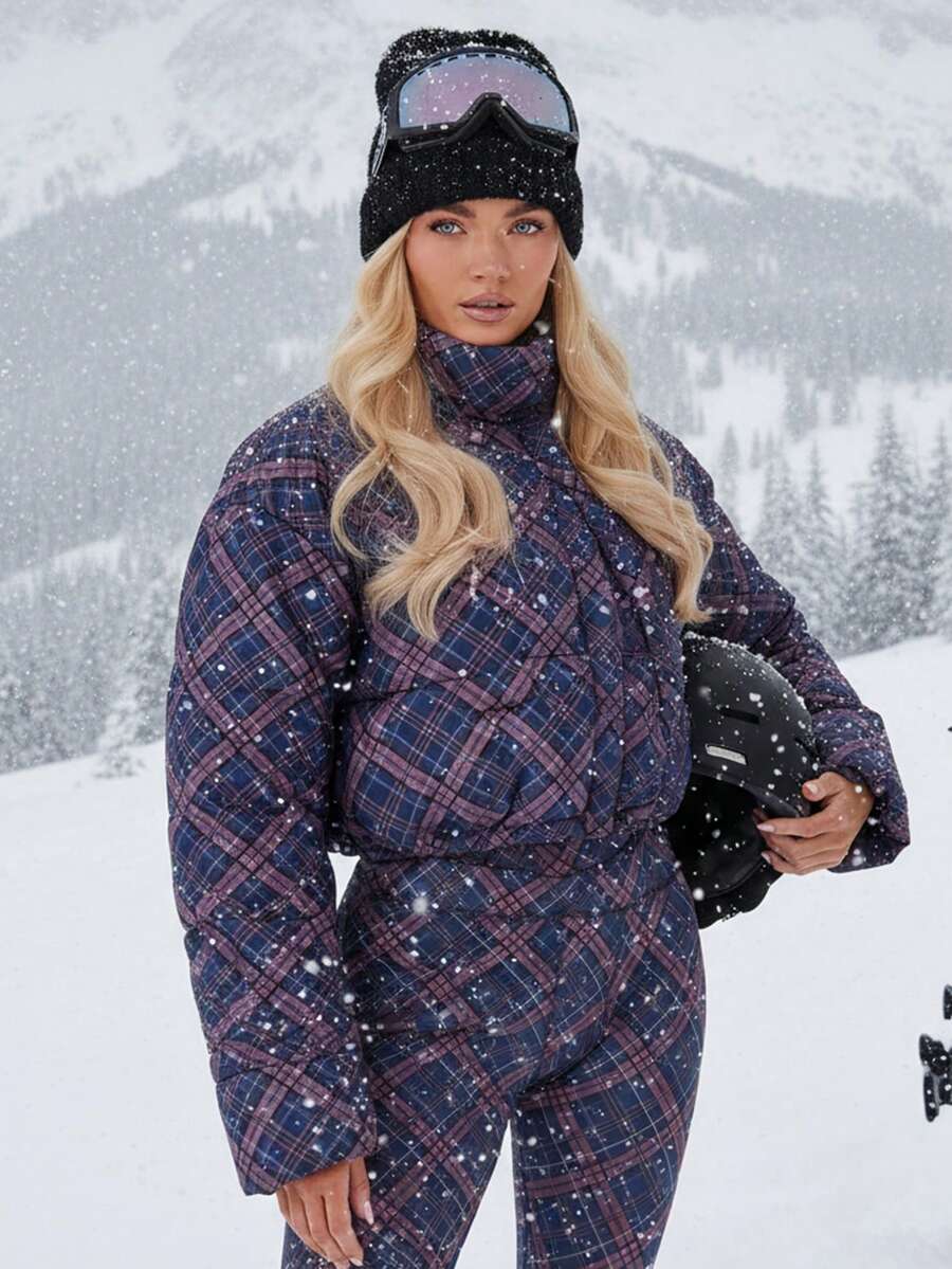 Athîral 女士菱形图案拉链高领长袖夹棉大衣 - 藏蓝色 - 查看 1