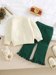 SHEIN Vintaside Kids 2pcs Baby Girls Sweater Set: White Round Neck Bow Decor Top + CoffFlared Pantsnts, Sweet & Fashionable Winter Baby Clothes Sets Baby Set Autumn Winter Season Baby Girl Sweaters Set Green And White Outfit For Baby Girl Autumn And Winter Two Pieces Suit Baby Girl Warm Sets Two Pieces Sets Baby Set Autumn Winter Season Baby Knitwear Baby Clothes Girl Fall Sweater Knit - Dark Green - View 2