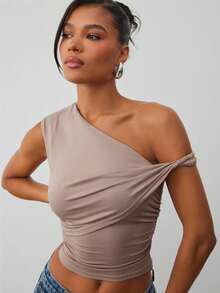 Hauture 扭结褶皱弹力针织短款上衣 - 卡其色 - 查看 3