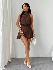 SHEIN PETITE Vestido de mujer sexy y elegante con cuello halter, cintura de gasa y volantes - Marrón - Ver 4