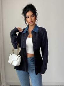SHEIN Elenzya Cárdigan de punto con cuello de pana azul marino, diseño de remiendo, artesanía de cable, volante en el bajo y estilo vintage de un solo pecho para mujer - Azul Marino - Ver 4