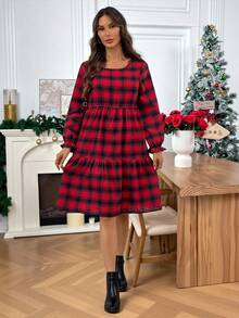 EMERY ROSE Women's Plaid Round Neck Long Sleeve Ruffle Hem Casual Loose Mid-Length Dress Long Sleeve Plaid Dress Red Plaid Dress Plaid Women Dress Checkered Dress Plaid Dress Women Christmas Dress New Year Dress New Year Dress - Red - View 6