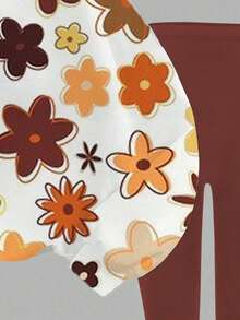 2 件套青少年女孩休闲花卉印花运动衫和纯色紧身裤，柔软厚实圆领长袖，秋冬 - 彩色 - 查看 4