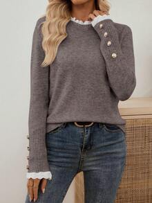 EMERY ROSE New Autumn/Winter Lace Trim Mock Neck Pullover Sweater, Versatile & Elegant Design For Women,Sweaters For Women - Mocha Brown - View 10