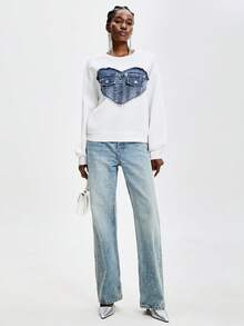 Aveloria GENKIRA Women's Casual Heart Print Applique Sweatshirt - White - View 4