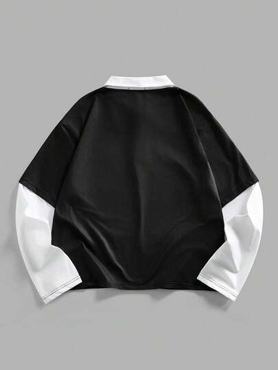 Camiseta casual de hombre con estampado de parches de color contrastante y eslogan, otoño