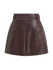 Ellevyn Chân váy ngắn chữ A bằng da PU màu đỏ tía đính nút trang trí thời trang dành cho nữ - Màu Đỏ Sâu - Xem 8