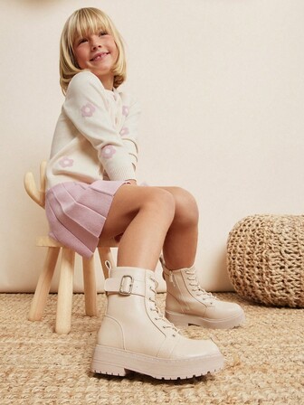 Mini mi Botas de Combate para Tornozelo com Zíper Lateral, Sola de Plataforma e Cadarço, em PU Bege - Conforto o Dia Todo, Construção, Ajuste Fácil | Sapatos Estilosos e Versáteis para Escola, Brincadeira, Viagem e Aventuras Diárias