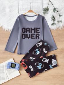 2pcs Tween Boy Video Game Print Pajama Set - Dark Grey - View 6