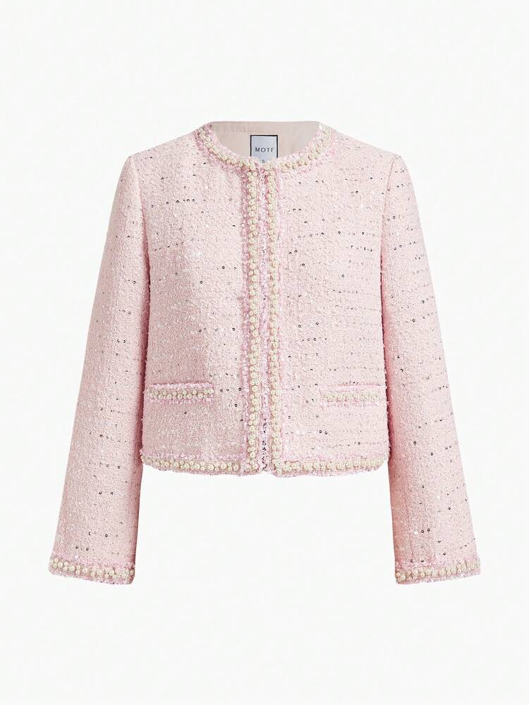 TWEED FAUX PEARL TRIM JACKET