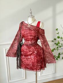 SHEIN EZwear Elegantes, rotes Partykleid in A-Linie mit asymmetrischen Schultern und ausgestellten Ärmeln in großen Größen. Geeignet für Dates, Partys, Weihnachten, Herbst/Winter, Silvester, Thanksgiving, Hochzeiten, Strand, Abschlussfeiern, Ausgehen, Verabredungen und den Weg zur Arbeit. - Rot - Übersicht 5