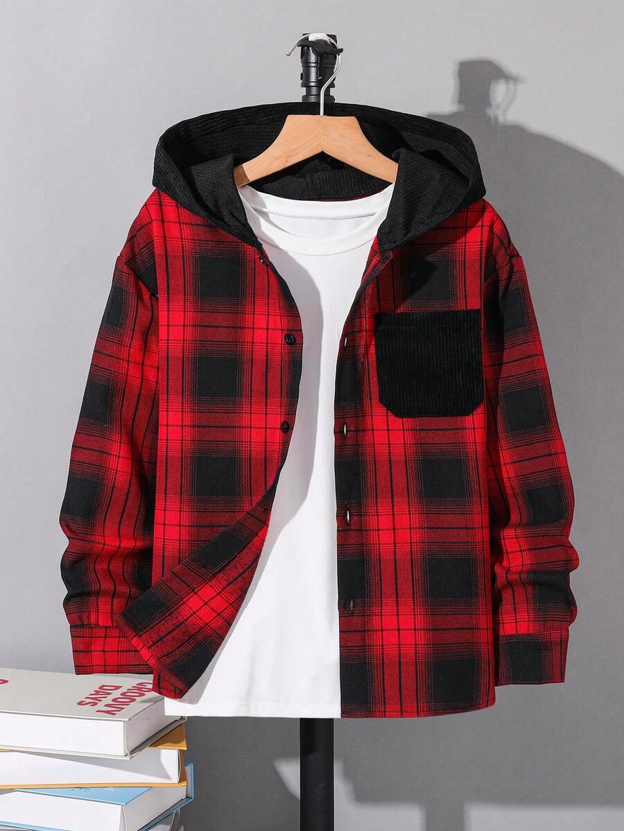 SHEIN Bộ đồ thể thao cho bé trai tuổi teen gồm mũ kẻ caro phối màu và áo khoác cardigan dệt kim, màu đen điểm nhấn đỏ, phù hợp cho mùa thu đông và hoàn hảo cho dịp Giáng sinh, tay dài. - Đỏ - Xem 1