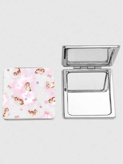 Kawaii 1pc Pink Bow & Heart Print Square Makeup Mirror, Portable Hand Held Mirror For Girls (Pattern Placement Random)
