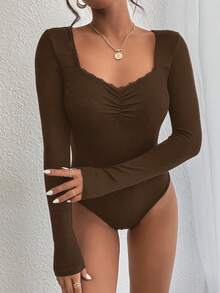 SHEIN Frenchy 蕾絲拼接修身心形領長袖連身衣 冬季棕色 - 棕色 - 查看 5