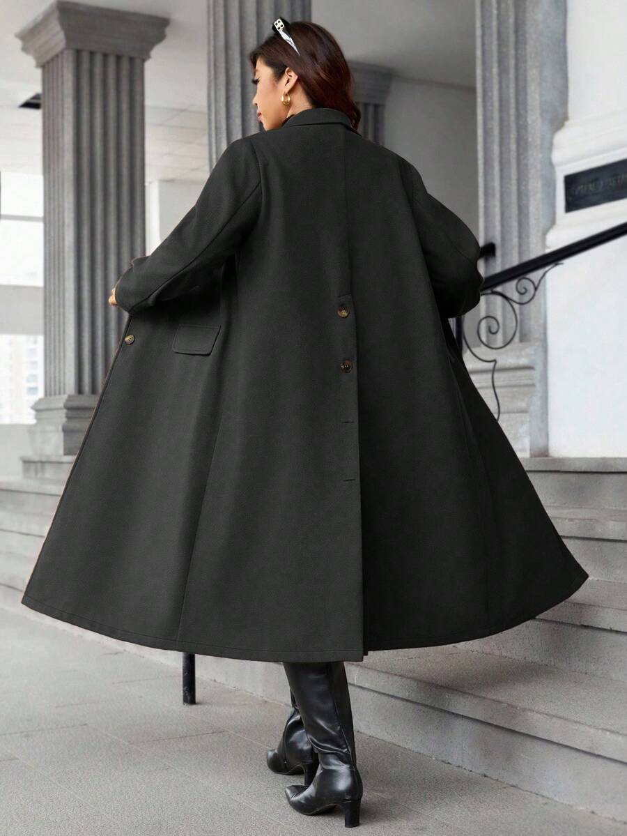 Easura Plus Size Women's Solid Color Slit Button Long Overcoat, Autumn/Winter - Black - View 1