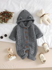 SHEIN 男婴纯色休闲可爱毛衣连体衣 男婴连体裤 婴儿连帽连体衣 婴儿针织连体衣 冬季婴儿服装 婴儿毛衣套装 婴儿连帽开衫 婴儿毛衣连体衣 婴儿针织套装 冬季婴儿服装 男婴保暖连体衣 婴儿针织套装 保暖连体衣 - 灰色 - 查看 3