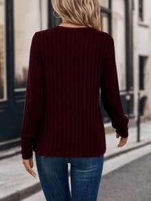 SHEIN LUNE Women's Solid Color Round Neck Long Sleeve Ribbed Casual Loose T-Shirt - Red - View 2
