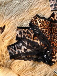 3pcs/Set Women's Contrast Lace Leopard Print Sexy Panties ClassicAnimalPrint - Multicolor - View 8