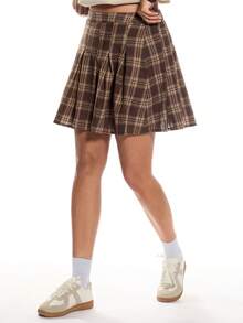 Solavibe Plus Size Vintage Plaid Pleated A-Line Skirt - Brown - View 4