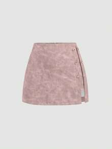 Sweetra Vintage Style PU Metal Buckle Design Short A-Line Skirt For Women, Autumn - Pink - View 1