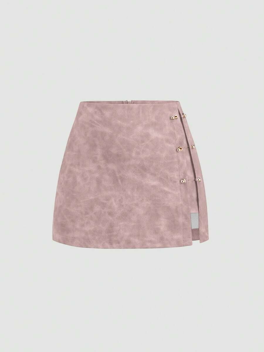 Sweetra Vintage Style PU Metal Buckle Design Short A-Line Skirt For Women, Autumn - Pink - View 1