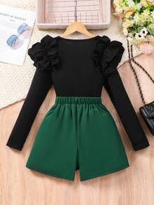 Tween Girl 荷叶边肩长袖上衣 + 短裙套装 - 綠色 - 查看 2