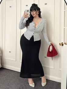 SHEIN EZwear Conjunto informal de 2 piezas de talla grande con rayas y contraste de color, conjunto de blusa y falda a rayas de talla grande, conjunto de 2 piezas de talla grande para mujer