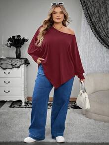 SHEIN CURVE+ 大码女式不对称下摆蝙蝠袖纯色斜肩宽松休闲上衣T恤，适合秋季穿着，冬季女装，大码女装，适合万圣节/秋季/冬季穿着。 - 酒紅色 - 查看 4
