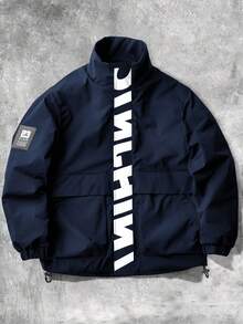 Aesthetic Post 男士休闲百搭运动立领长袖夹克，大图案印花，情侣款，大口袋，秋冬外套 - 藍色 - 查看 1