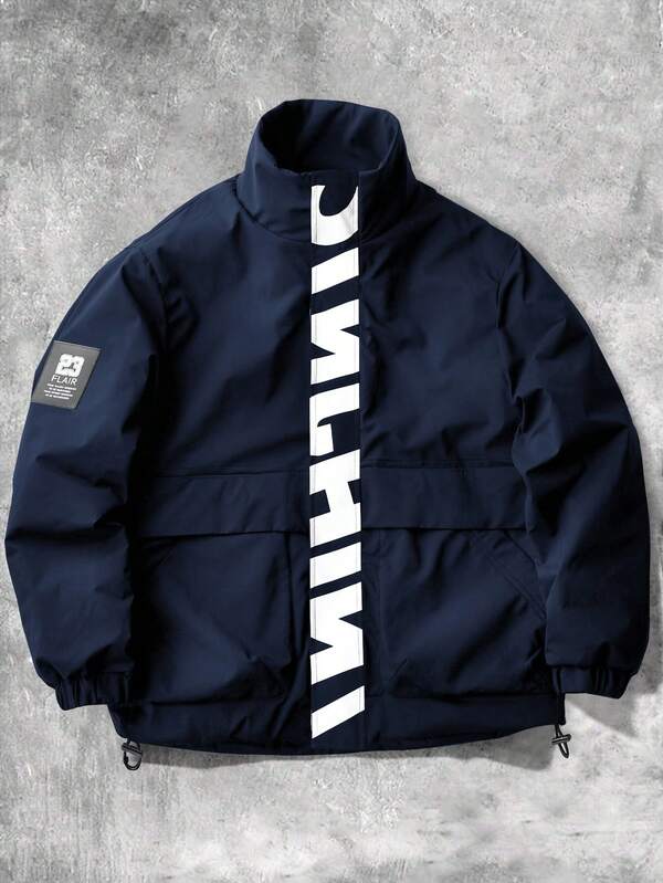 Aesthetic Post 男士休闲百搭运动立领长袖夹克，大图案印花，情侣款，大口袋，秋冬外套