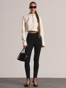 MUSERA 漏斗领纽扣宽松拉链PU短款外套，冬季休闲外出日常夜生活性感可爱舒适 - 奶油色 - 查看 4