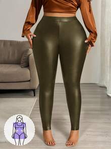 Hourglow Pantalones de otoño para mujer, pantalones de cintura alta de unicolor de piel sintética de talla grande para mujer, para la temporada de otoño/invierno, para silueta de reloj de arena - Verde - Ver 9