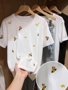INAWLY Women's Casual Bee Embroidery Short Sleeve T-Shirt, Summer - White - View 1