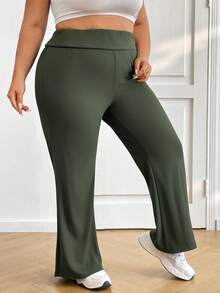 SHEIN CURVE+ Quần ống loe lưng cao co giãn cỡ lớn cho nữ, Quần mặc nhà mùa thu xuân hè mát mẻ cho nữ, Quần ống loe - xanh quân đội - Xem 4